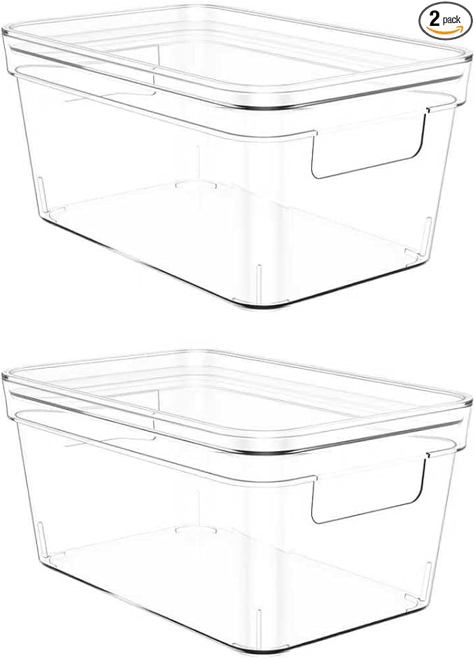 MOONEDGE Clear Plastic Storage Bins with Lids – Stackable Organizer Containers for Fridge, Kitchen, Pantry, Bathroom, Closet, Laundry Room, Office – 2 Pack (10×6×5 in)