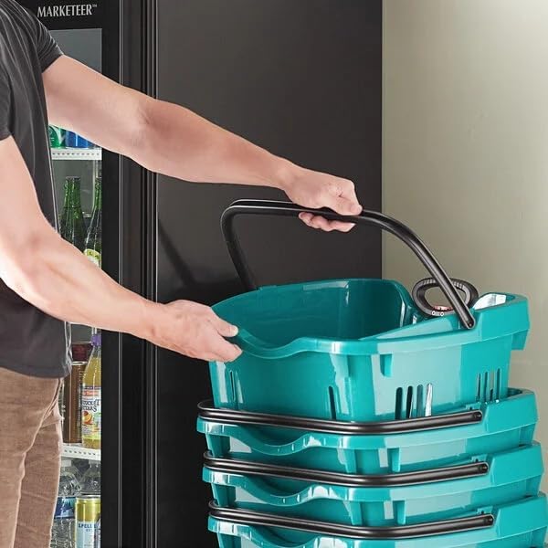 Rolling Shopping Basket, Green Plastic, 21.25x16.5 Inch, 45 lb Capacity, Telescopic Handle, Stackable with Wheels