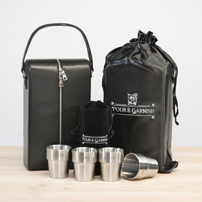 POUR & GARNISH Bourbon, Whiskey & Wine Double Bottle Travel Bag – Vegan Leather Spirits Carrier with 4 Stainless Steel Insulated Glasses & Gift Pouch – Luxury Barware Gift