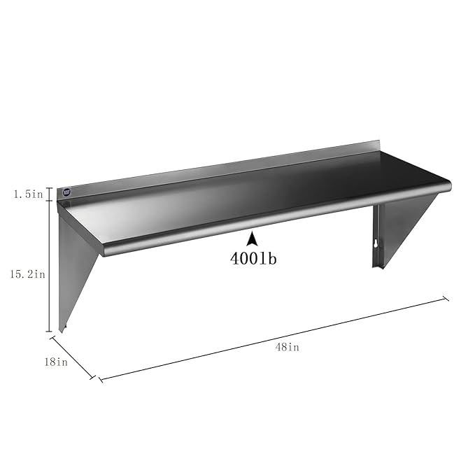 ROCKPOINT Stainless Steel Shelf 18 x 48 Inches 400lb, NSF Metal Commercial Shelves Wall Mount Floating Shelving with Backsplash for Restaurant, Kitchen, Home and Hotel, Silver