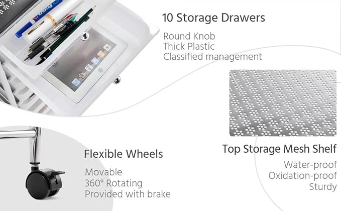 Yaheetech 10 Drawer Cart Rolling Plastic Storage Cart and Organizer Multipurpose Mobile Rolling Utility Storage Organizer for Home Office School and Workshop, White