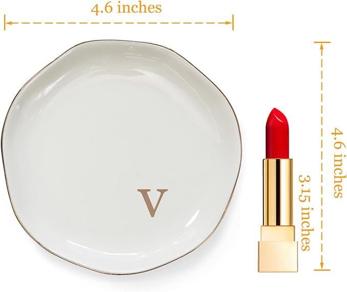 HOME SMILE Initials Ring Dish Jewery Tray with Personalized V-Monogrammed Engagement Wedding Gifts for Friends,Sister,Birthday Christmas Gifts for Women,Ceramic White