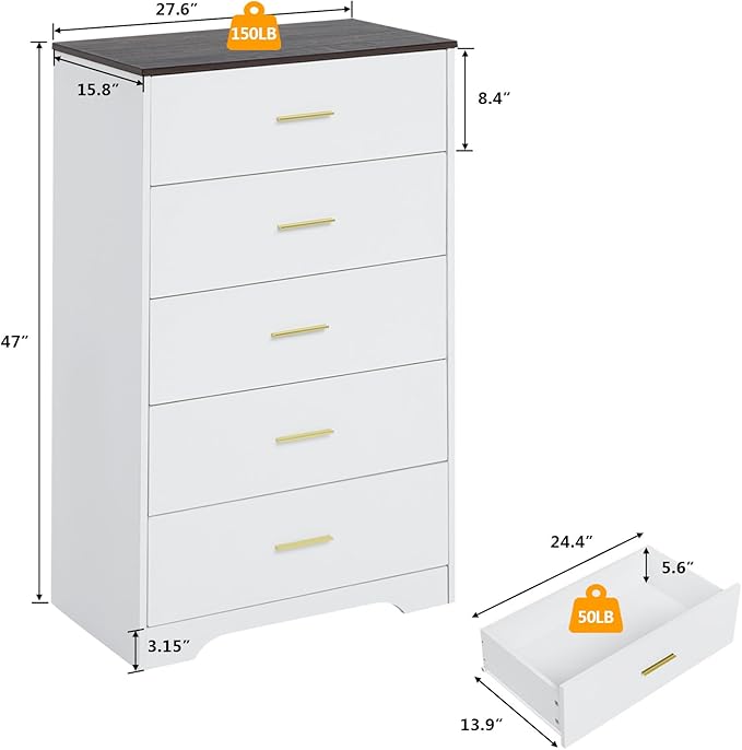 LIDYUK Dresser for Bedroom, Wood Dresser with 5 Drawers, Modern Minimalist Dressers & Chests of Drawers, 47 Inches Tall Chest of Drawers for Bedroom, Hallway, Living Room, White