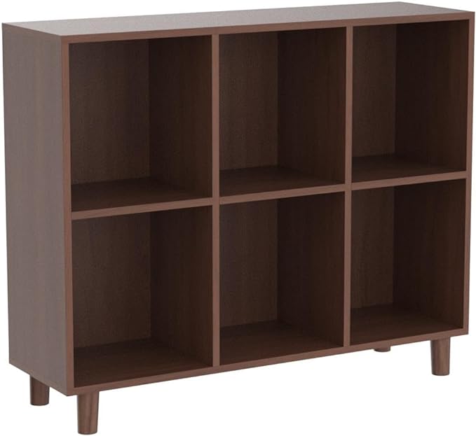 IOTXY Freestanding Open Cubes Bookcase - 2-Tier Floor Standing Wooden Storage Display Cabinet Organizer with Legs for Home Office, 6-Cubes Open Shelf Low Short Bookshelf, Walnut