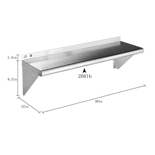 ROCKPOINT Stainless Steel Shelf 12 x 30 Inches 280lb, 2 Pack NSF Metal Commercial Shelves Wall Mount Floating Shelving with Backsplash for Restaurant, Kitchen, Home and Hotel, Silver