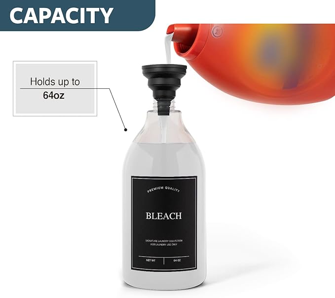 Calindiana Modern Farmhouse Bleach Liquid Laundry Detergent Dispenser for Laundry Room Decor and Organization, PET Plastic Landry Soap Containers with Water Resistant Label, Clear 64oz