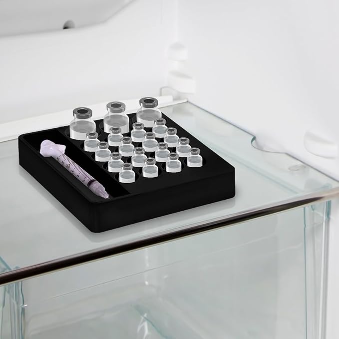Vial Organizer for Refrigerator Use | Home Vial Organizer Tray for Peptide– 5"x5"x0.75", Lightweight (8g) (Black)