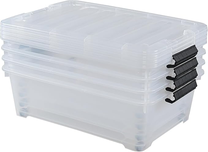 Xyskin 4 Packs 20 Quart Plastic Under Bed Storage Box, Clear Stackable Container Bins for Clothes, Blankets, Winter Clothing, & Shoes