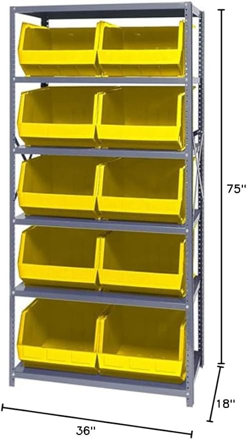 Quantum Storage Systems QSBU-270YL Giant Open Hopper Steel Shelving System, 18" D x 36" W x 75" H, with 6 Shelves and 10 QUS270 Bins, Yellow