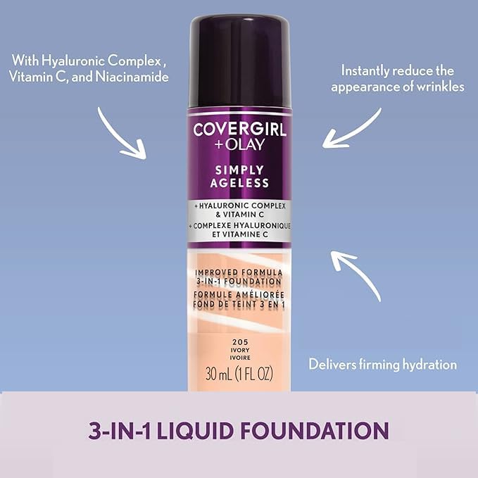 COVERGIRL & Olay Simply Ageless 3-in-1 Liquid Foundation, Matte Finish, Hyaluronic & Vitamin C Formula, 220 Creamy Natural, 1 Count