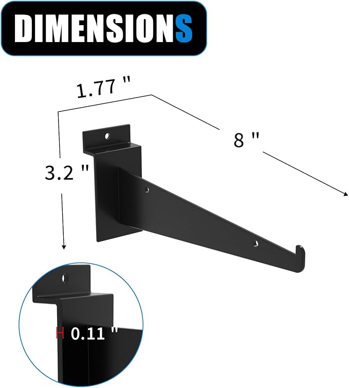 8" Black Slat Wall Shelf Brackets,10 PCS Slat Wall Brackets with Lip, Floating Metal Slat Wall Accessories