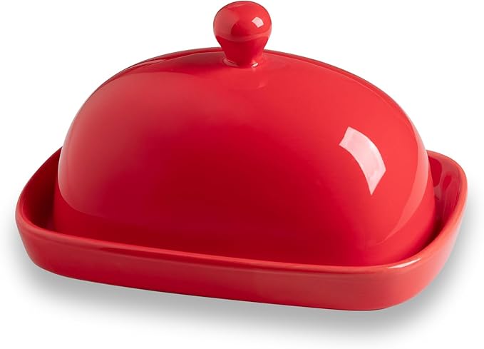 Sweejar Ceramic Butter Dish with Lid for Countertop,Porcelain Butter Keeper with Knob Handle,Butter Container for East/West Coast Butter, 7.3*4.1 inches (Red)