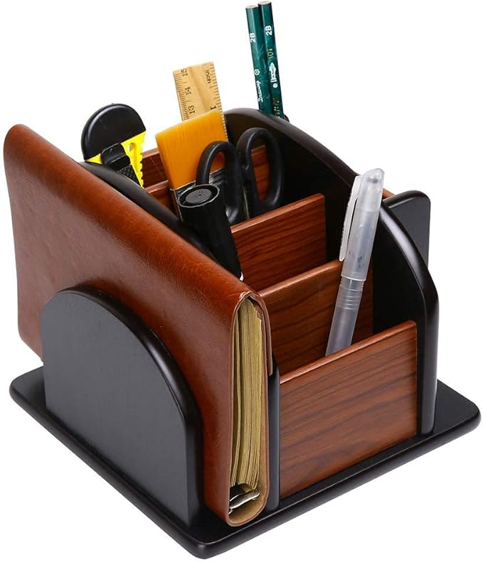 Wooden Desk Organizer, Desktop Office Supplies Storage Remote Control Caddy Holder (6-Compartment)