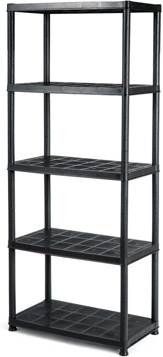 IRONMAX 5-Tier Garage Shelving Unit, Plastic Storage Rack with 4 Wall Brackets, Heavy Duty Shelf Organizer for Indoor and Outdoor, Black (1, 36”L X 18”W X 73”H)