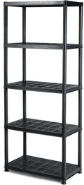 IRONMAX 5-Tier Garage Shelving Unit, Plastic Storage Rack with 4 Wall Brackets, Heavy Duty Shelf Organizer for Indoor and Outdoor, Black (1, 36”L X 18”W X 73”H)