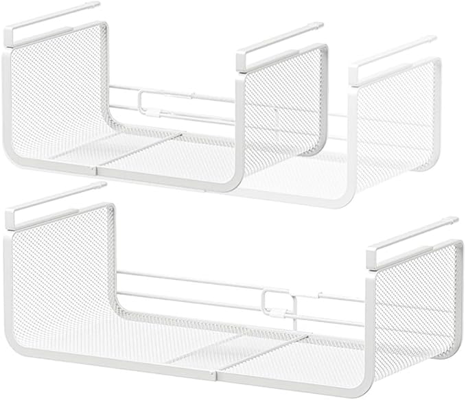 Expandable Under Shelf Basket Organizer, Under Shelf Storage, Hanging Baskets Under Cabinet for Pantry Kitchen Cupboard Desk Counter Bookshelf Space Saver Heavy Duty Slide-in (white, 2 Pack)
