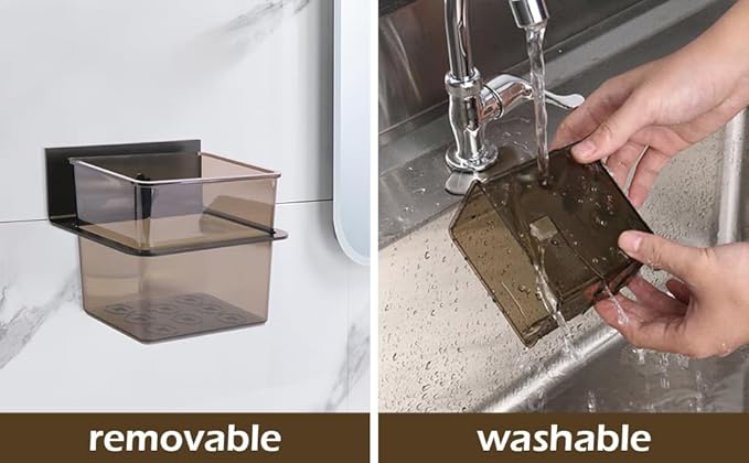 Toothbrush Holder Toothpaste Holder with Wall Mounted Metal Frame & Plastic Black Bathroom Organizer with Tape for Bathroom Toothbrush Toothpaste Floss Makeup Brush Razor - one Pack