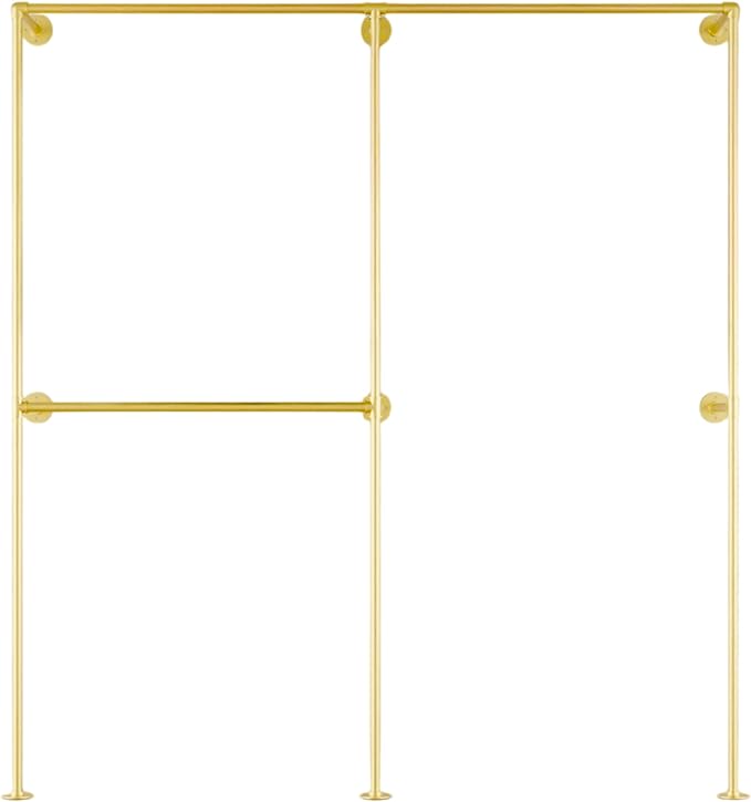 Industrial Pipe Clothing Rack, Heavy Duty Wall Mounted Clothes Rack,Retail Display Hanging Garment Rod for Laundry Rooms, Closet Storage, 14.6x75x82.7 Inches, Model K08 Gold