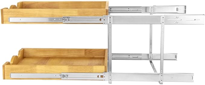 DINDON 2 Tier Pull Out Cabinet Organizer (17" W x 21" D) Wood And Metal Double Tier Slide Out Wood Drawer Under Cabinet Storage And Organization