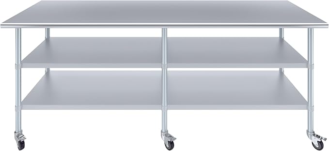 AmGood Stainless Steel Work Table with 2 Shelves and Casters | Metal Utility Table On Wheels (Stainless Steel, 96" Long x 30" Deep)