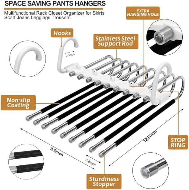 2Pack 9 Layers Foldable Pants Hangers Space Saving Trouser Hanger Multifunctional Trouser Rack Hanger Hanging Hole for Wardrobe Trousers Scarf Jeans (White)