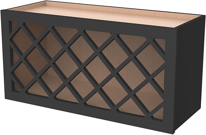 Solid Wood RTA Wine Bottle Rack Wall Cabinet with Lattice Panels - Wine Storage for Bar, Pantry, Cellar & Countertop - Mocha (Charcoal Black, 36'W 12'D 15'H)