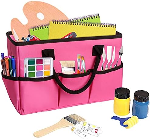 ZKOO Desktop Tote and Stock Organize, Multiple Pockets Teacher Helper Tote Bag Organization for Arts, Books, Stationery and Office Desk Organize, Make-up Case with Handles Craft Organizer (Pink)