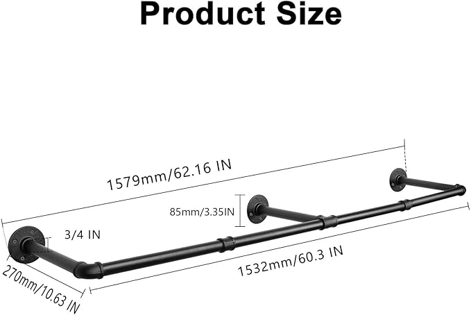 Industrial Iron Pipe Clothes Hanging Bar DIY Wall-Mounted Garment Rack Heavy Duty Clothing Rack for Bedroom, Laundry Room, Closet Storage (Black 60 inch)