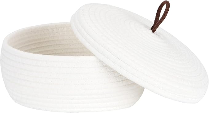 Sea Team Round Cotton Rope Storage Basket with Lid, Decorative Woven Storage Bin, Pot, Caddy, Organizer, Container for Snacks, Towels, Plants, 10 x 4.5 Inches (Small, Shallow, White)