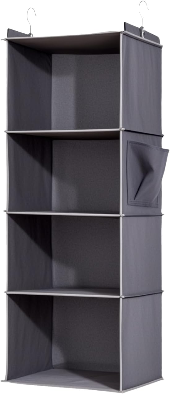 4-Shelf Hanging Closet Organizer and Storage, Collapsible Hanging Shelves for Closet with 2 Side Pockets, Hanging Shoe Organizer to Saving Space,Grey