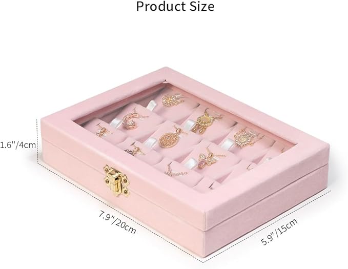 Jewelry Box Necklace Organizer Tray, Pink Velvet Necklace Display Case for Storage Small Display Tray 12 Grid Pendant Holder for Women