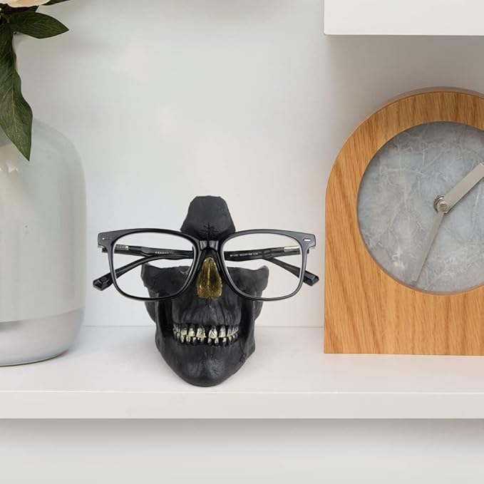 Mrlikale Skull Glasses Stand, Creative Eyeglasses Rack, Sunglasses Spectacle Display, Key Holder Resin Sculptures for Entryway, Home, Office, Desk, Nightstand (Black)