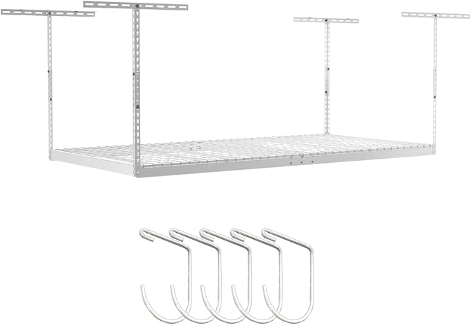SafeRacks 4 ft x 8 ft Overhead Storage Rack Adjustable 24 in - 45in Height (White) With Accessory Pack With 5-Piece Hook Accessory Pack