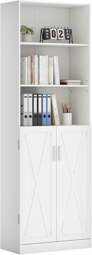 Loomie Industrial Bookshelf with Door, 6 Tier Farmhouse Book Shelf with Adjustable Shelves,70" Tall Display Etagere Bookcase,Floor Standing Unit Book Case Furniture for Home Office,Living Room (White)