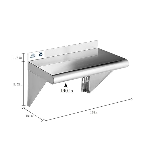 ROCKPOINT Stainless Steel Shelf 10 x 16 Inches 190lb, 2 Pack NSF Metal Commercial Shelves Wall Mount Floating Shelving with Backsplash for Restaurant, Kitchen, Home and Hotel, Silver