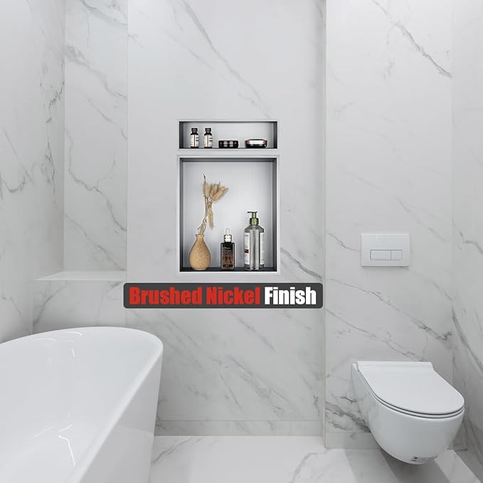 JQK Shower Niche No Tile Need, 12"×14" Brushed Nickel Bathroom Insert Shelf, 304 Stainless Steel Recessed Shower Caddy Organizer Storage, SNL1214-BN