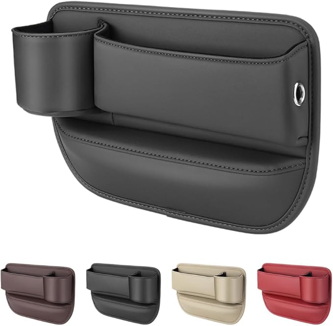 Car Leather Cup Holder Gap Bag,2025 Upgrade Car Storage Box with Cup Holder,Seat Storage Box Gap Filler Organizer for Glasses Phone Keys and Cards (Black, Driver's Seat)