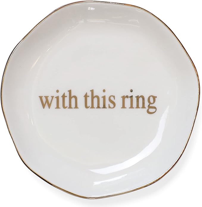 Engagement Wedding Ring Dish-With This Ring Jewelry Dish Tray-Gifts for Bride, Bride to be, Newlyweds, Ceramic White