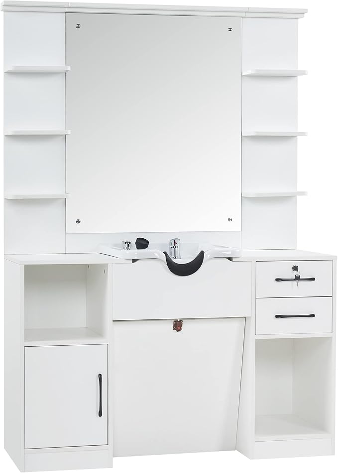 BarberPub Wall Mount Storage Station with Mirror Shampoo Bowl High-end Styling Beauty Salon Furniture Set 3145 (White)