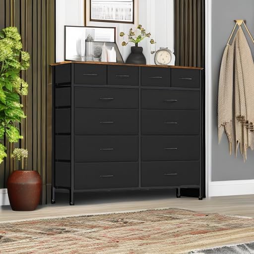 Large Dresser for Bedroom with 12 Deep Drawers, Tall Fabric Drawer Dresser, Chest of Drawers for Closet, Nursery, Living Room, Laundry, Entryway, Hallway (Black)