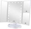 Tri-fold Lighted Vanity Makeup Mirror with 3x/2x Magnification,21 LEDs Light and Touch Screen,180 Degree Free Rotation Countertop Cosmetic Mirror,Travel (White)