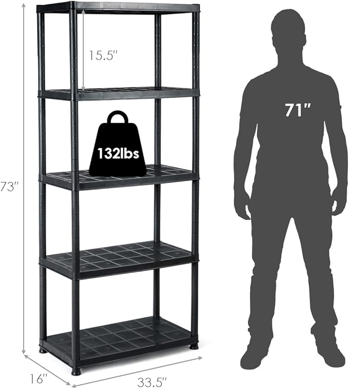IRONMAX 5-Tier Plastic Shelving Unit, Multi-Purpose Shelf Rack, No Tools Required, Free Standing Storage Shelves for Garage Basement Kitchen, Black (1, 33.5“L X 16”W X 73“H)