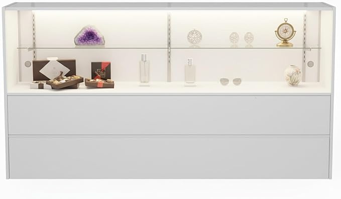 WISDOMFUR 5ft White Display Showcase Cabinet with LED Lighting – Half Vision Retail Glass Display Case, 60" x 18" x 38", Sliding Locking Doors & Storage Shelves