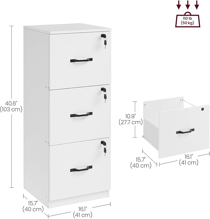 VASAGLE 3 Drawer File Cabinet, File Cabinet with Lock, Printer Stand, Office Filing Cabinet Organizer, for A4 and Letter Size Files, Cloud White UOFC055W14