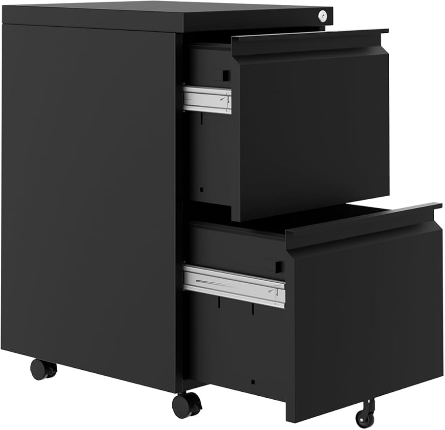 2 Drawer File Cabinet on Wheels with Lock, Under Desk Metal Filing Cabinet for Home Office, Rolling Storage Organizer for Letter/Legal/A4 Documents, Small Mobile Cabinet with Locking Casters, Black