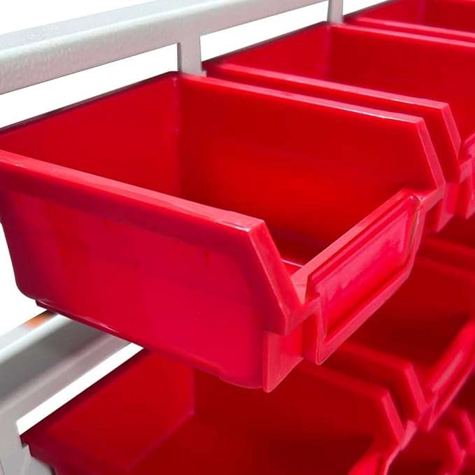 JZD Metal Bin Rack Storage Organizer System, Heavy Duty Steel Frame, 76 Plastic Bins, for Garage Workshop Factory