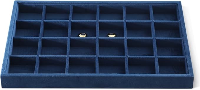 Velvet Stackable Jewelry Display Tray, 24 Grid Earring Ring Storage Tray, Drawer Divider Jewelry Accessories Organizer Plate (Blue)