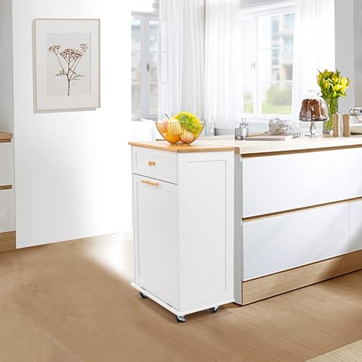 VINGLI Tilt Out Trash Cabinet, Garbage Can Cabinet with Drawer, 10 Gallon Movable/Freestanding Pet Proof Storage Organizer, Modern Trash Can Kitchen Cabinet, Living Room Storage, White