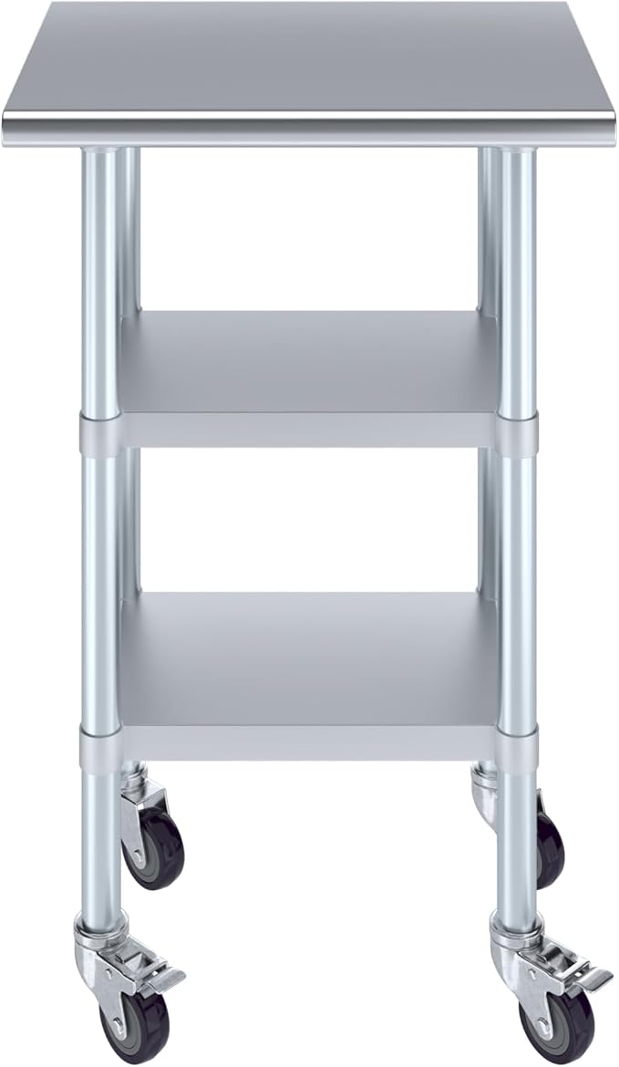 AmGood Stainless Steel Work Table with 2 Shelves and Casters | Metal Utility Table On Wheels (Stainless Steel Work Table with 2 Shelves + Casters, 24" Long x 18" Deep)