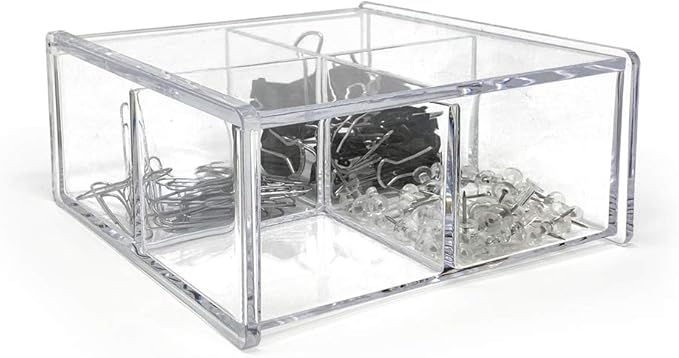 Isaac Jacobs 4-Compartment Square Clear Acrylic Organizer with Lid (5.75" L x 5.75" W x 2.75" H), Multi-Sectional Tray, Stackable, Storage Solution for School, Craft, Office Supplies, Kitchen & More